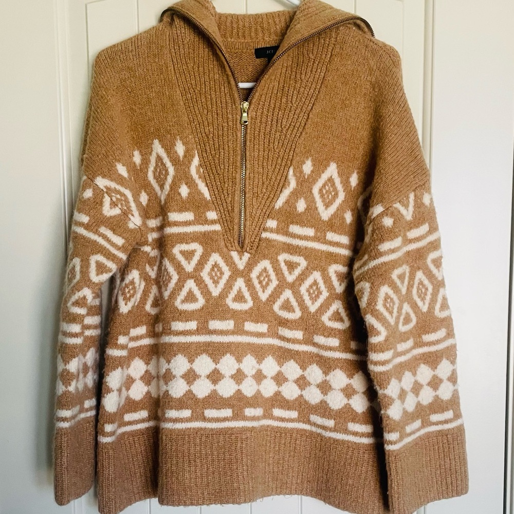 Cozy Zip-Neck Fair Isle Sweater in Camel and Cream